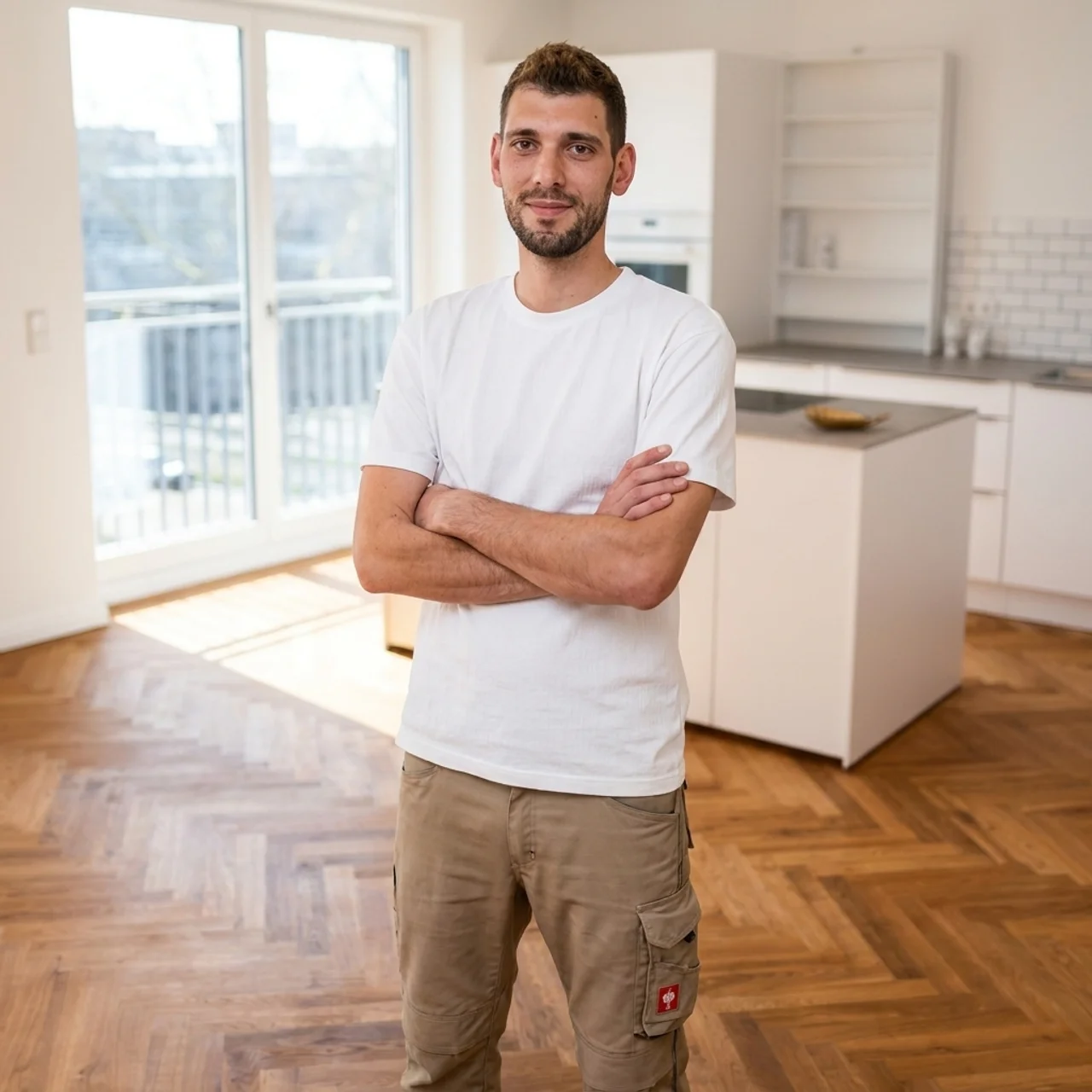 Parkettleger Samir Niemann in einer Münchner Wohnung mit Fischgrätparkett