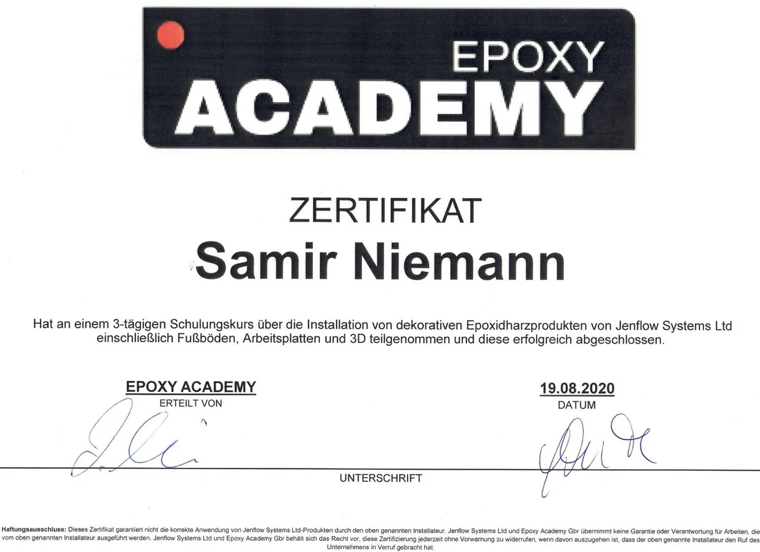 Zertifikat der Epoxy Academy für Samir Niemann