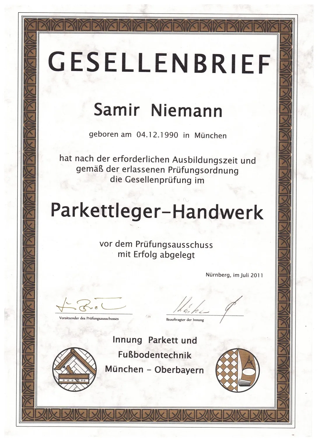 Gesellenbrief im Parkettleger-Handwerk von Samir Niemann