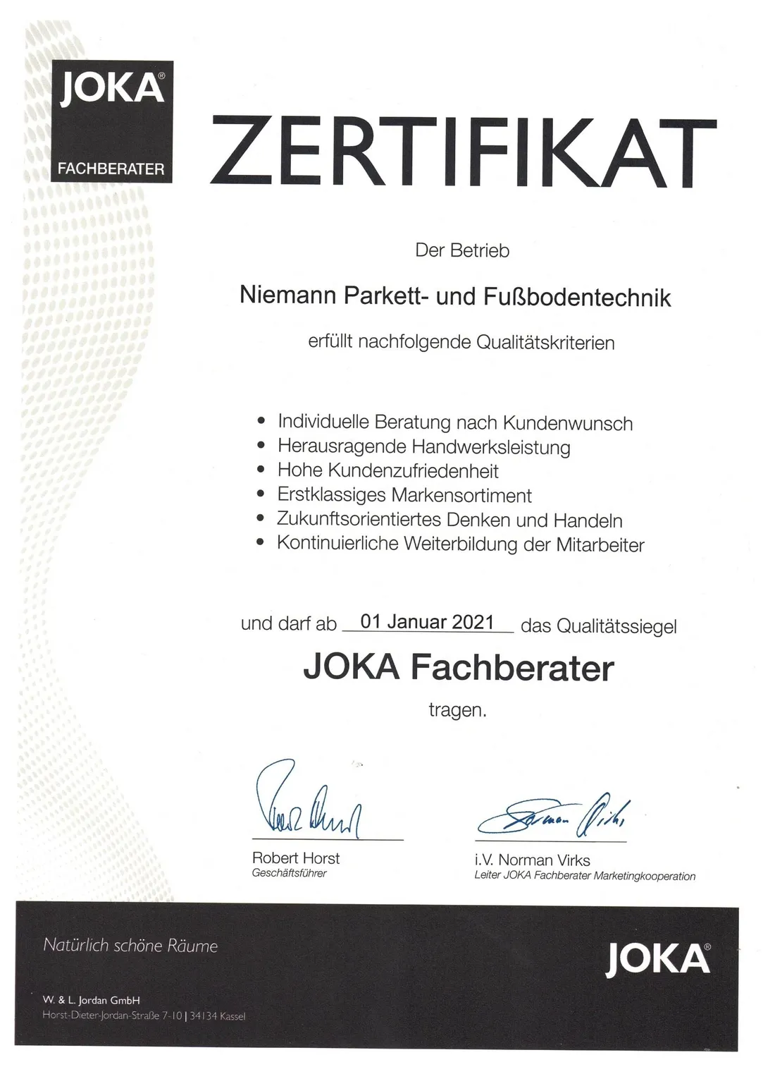 Urkunde JOKA Fachberater für Niemann Parkett- und Fußbodentechnik